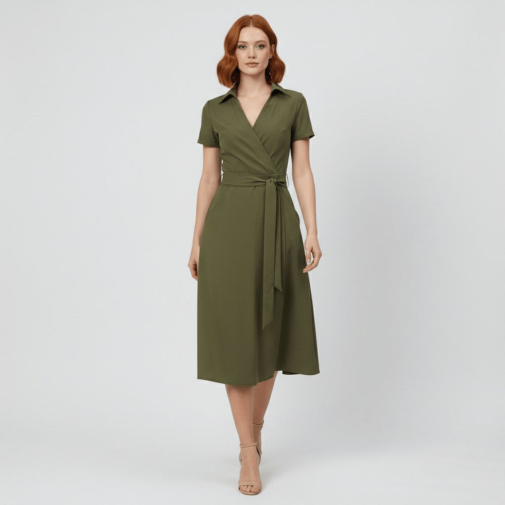 Damen Wickel-Midi-Kleid mit V-Ausschnitt Taillengürtel Seitentaschen