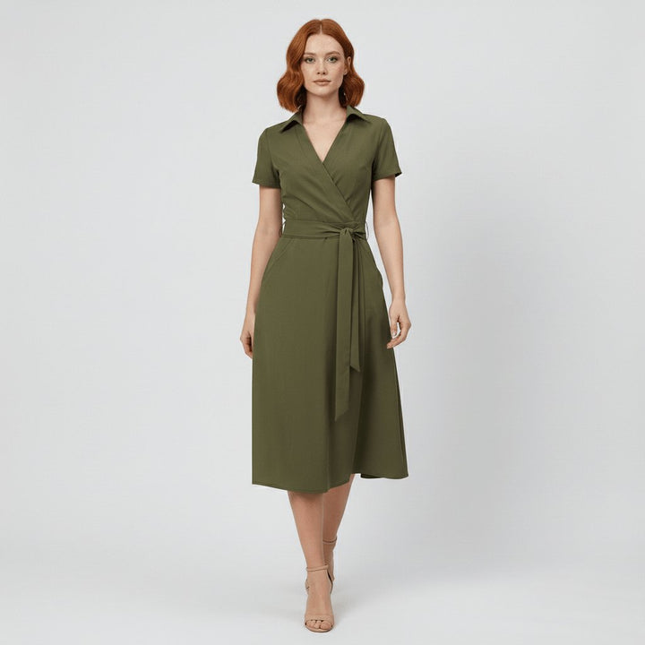 Damen Wickel-Midi-Kleid mit V-Ausschnitt Taillengürtel Seitentaschen