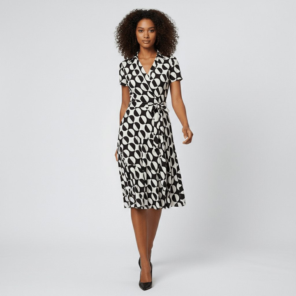 Damen Wickel-Midi-Kleid mit V-Ausschnitt Taillengürtel Seitentaschen