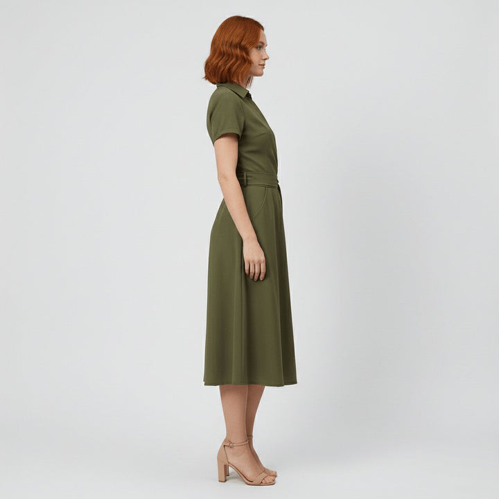 Damen Wickel-Midi-Kleid mit V-Ausschnitt Taillengürtel Seitentaschen