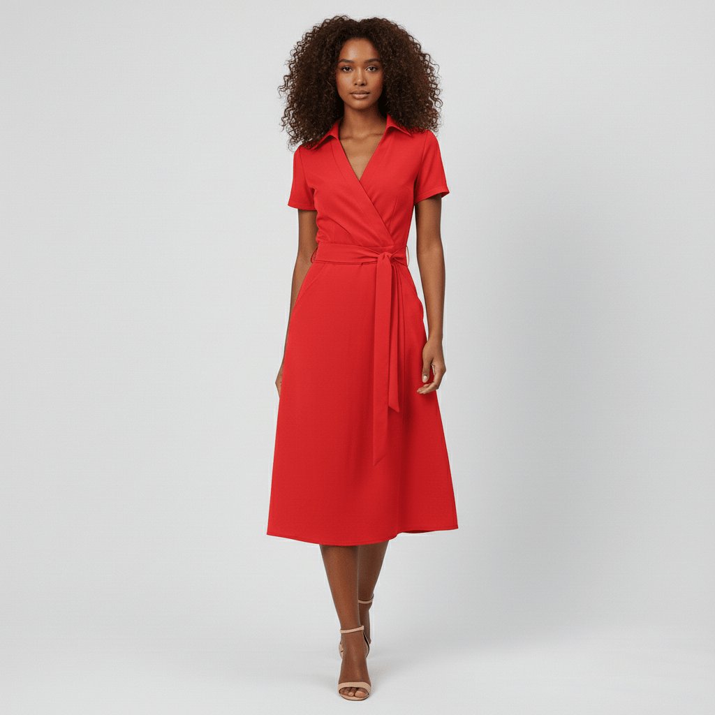 Damen Wickel-Midi-Kleid mit V-Ausschnitt Taillengürtel Seitentaschen - Classic Red