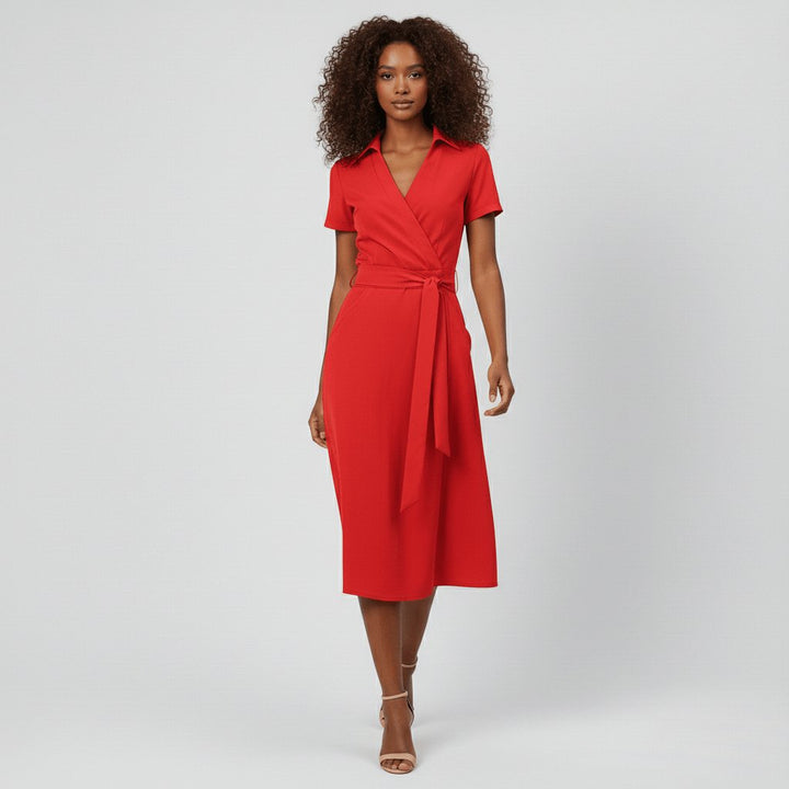 Damen Wickel-Midi-Kleid mit V-Ausschnitt Taillengürtel Seitentaschen