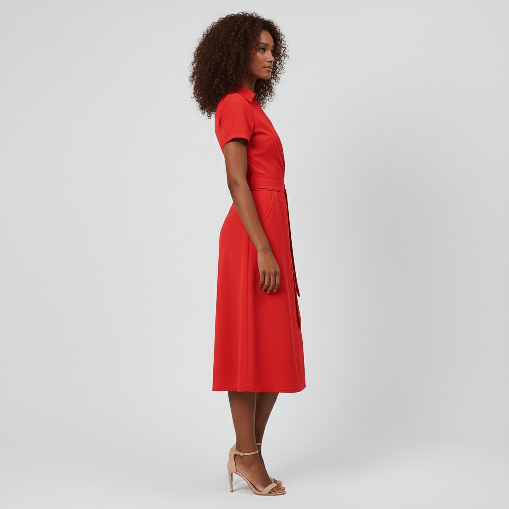 Damen Wickel-Midi-Kleid mit V-Ausschnitt Taillengürtel Seitentaschen
