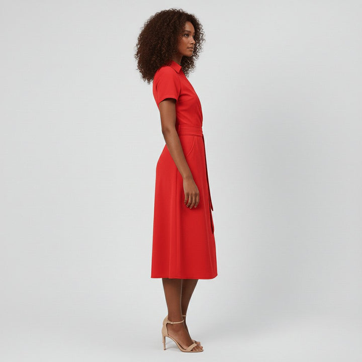Damen Wickel-Midi-Kleid mit V-Ausschnitt Taillengürtel Seitentaschen