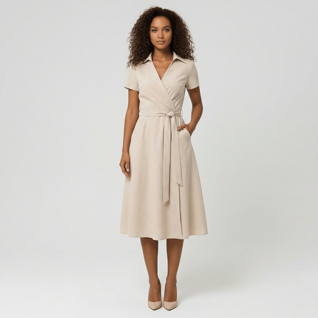 Damen Wickel-Midi-Kleid mit V-Ausschnitt Taillengürtel Seitentaschen - Pale Beige