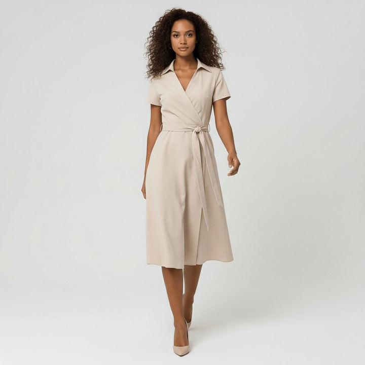 Damen Wickel-Midi-Kleid mit V-Ausschnitt Taillengürtel Seitentaschen
