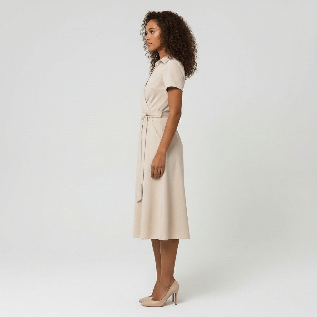 Damen Wickel-Midi-Kleid mit V-Ausschnitt Taillengürtel Seitentaschen