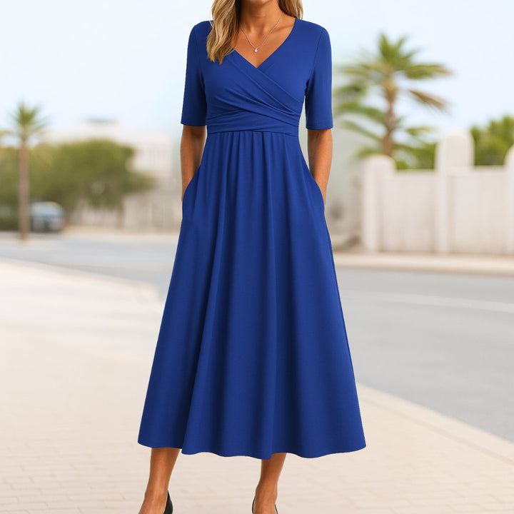 Damen Wickelkleid A-Linie Kurze Ärmel V-Ausschnitt - Navy Blue