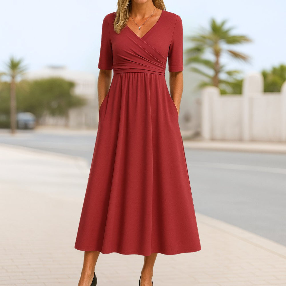 Damen Wickelkleid A-Linie Kurze Ärmel V-Ausschnitt - Red