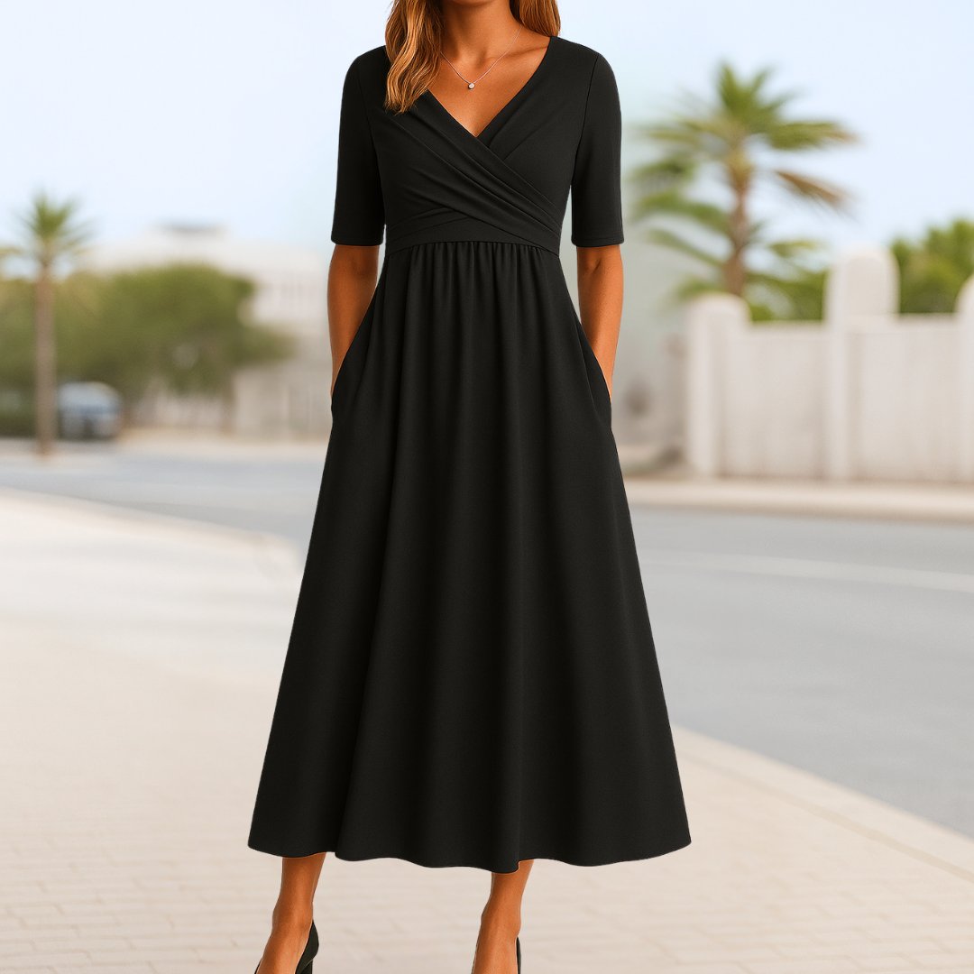 Damen Wickelkleid A-Linie Kurze Ärmel V-Ausschnitt - Black