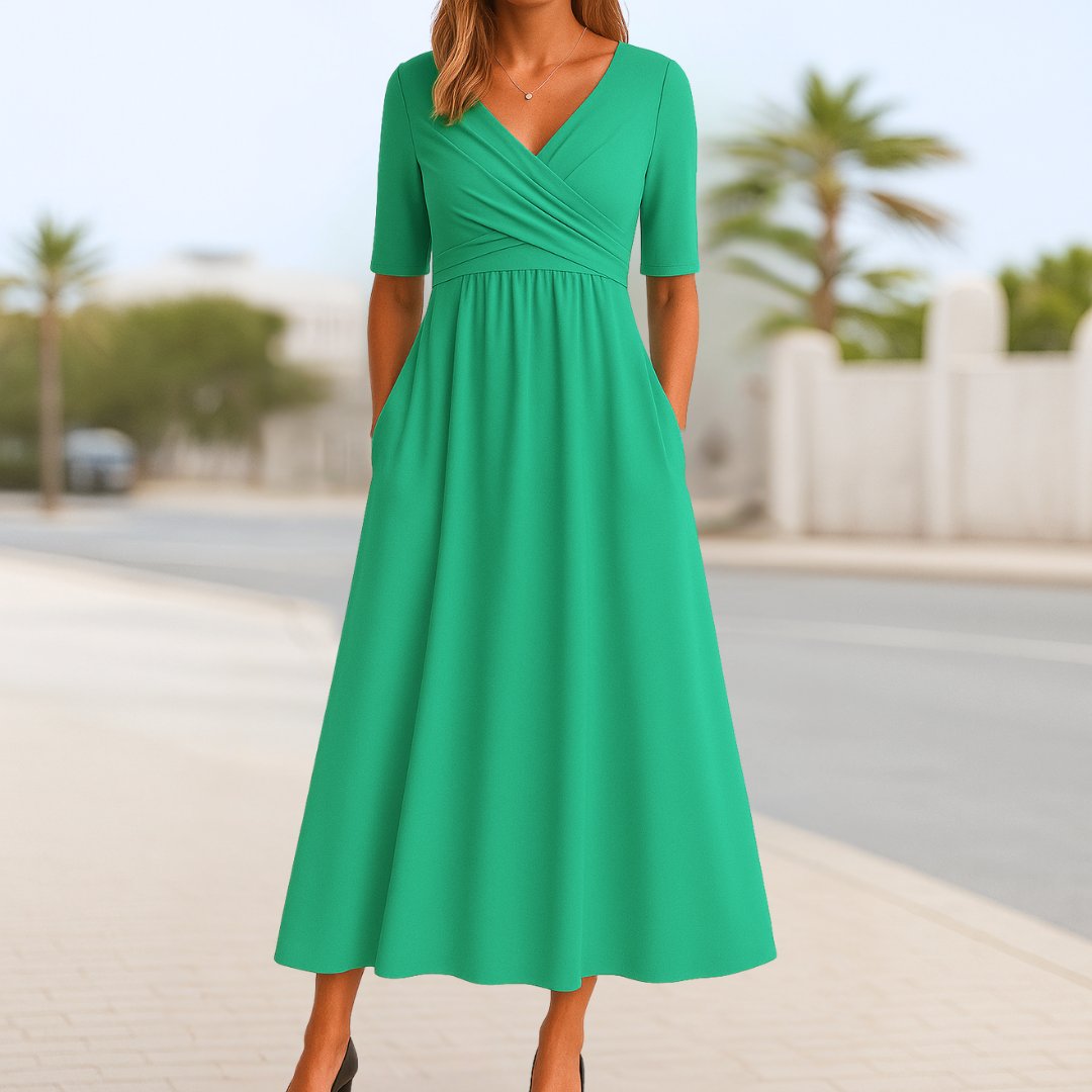 Damen Wickelkleid A-Linie Kurze Ärmel V-Ausschnitt - Green