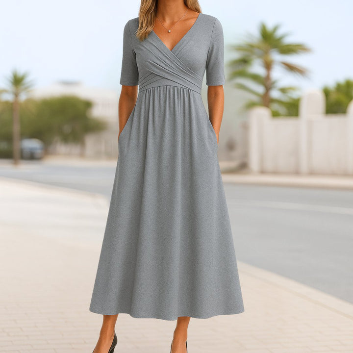 Damen Wickelkleid A-Linie Kurze Ärmel V-Ausschnitt - Gray