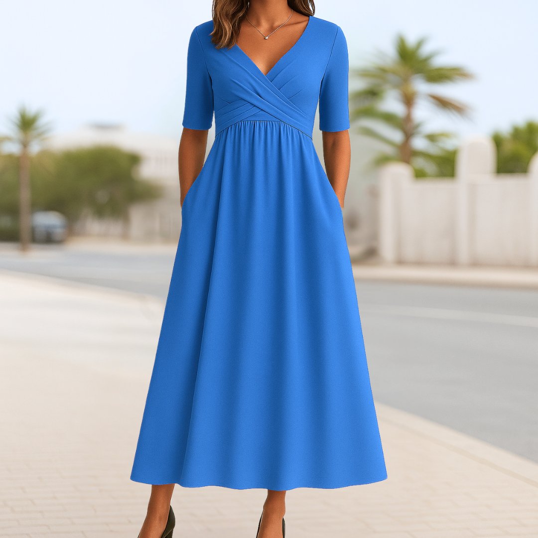 Damen Wickelkleid A-Linie Kurze Ärmel V-Ausschnitt - Light Blue