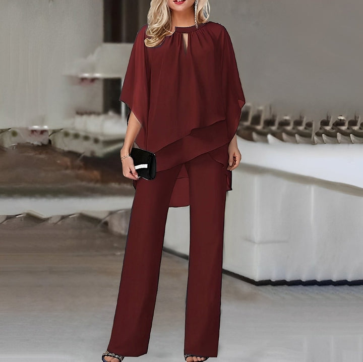 Damen Wide-Leg-Hose Zweiteiler Chiffon Lagenlook Hosenset - Wine Red