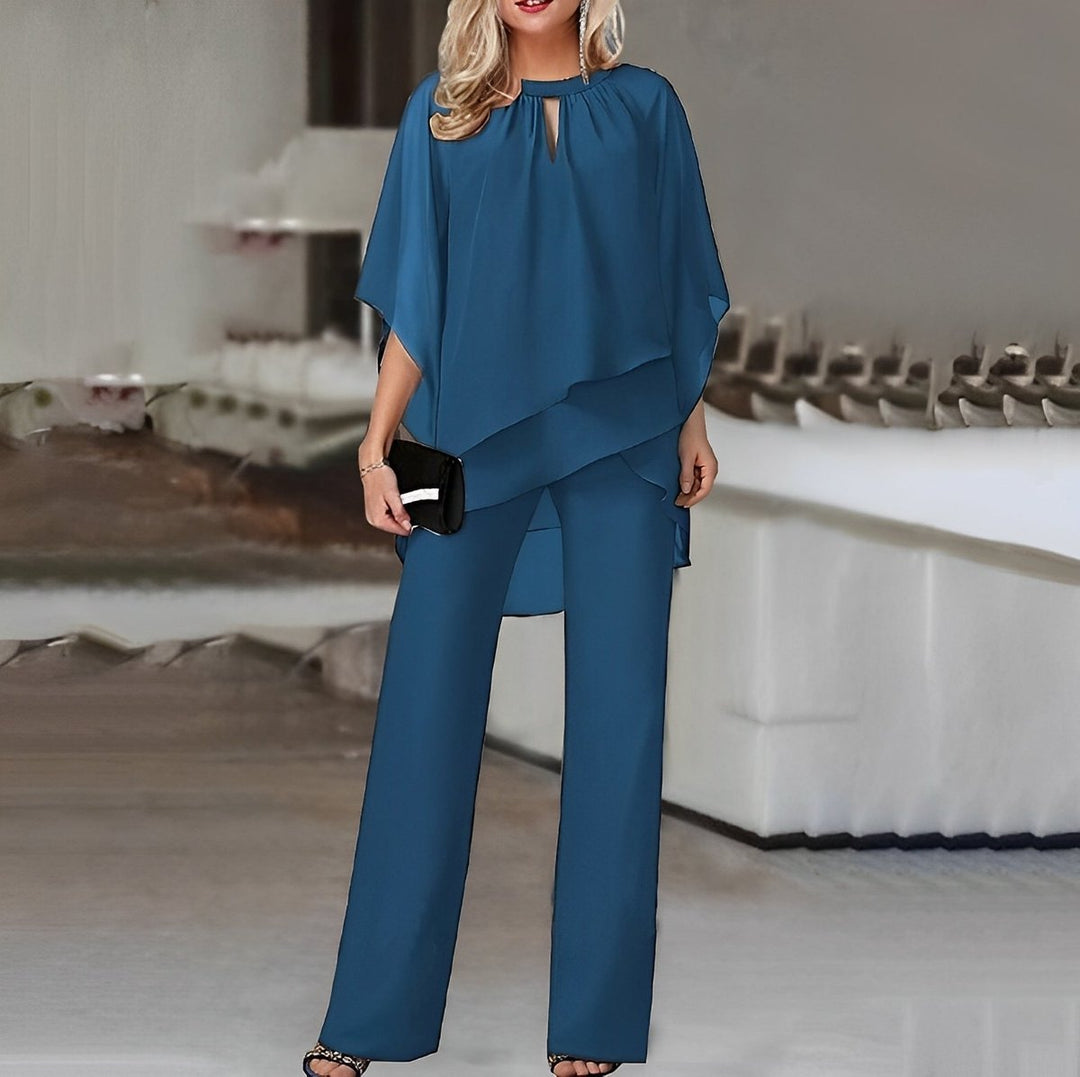 Damen Wide-Leg-Hose Zweiteiler Chiffon Lagenlook Hosenset - Sapphire Blue