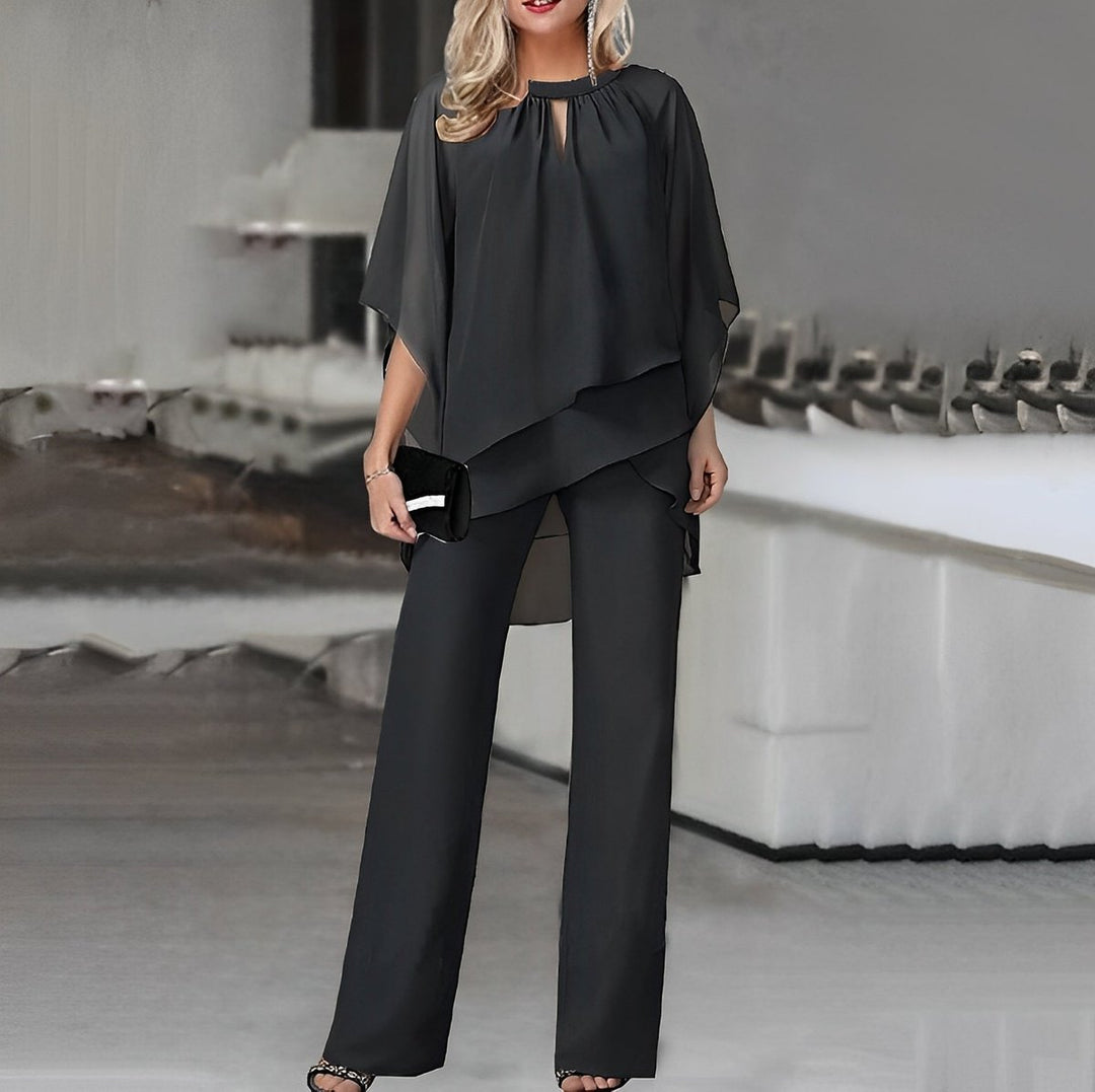 Damen Wide-Leg-Hose Zweiteiler Chiffon Lagenlook Hosenset - Black