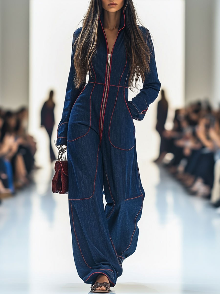 Damen Wide-Leg Langarm-Jumpsuit mit Reißverschluss Kontrastnähten - Dark Blue