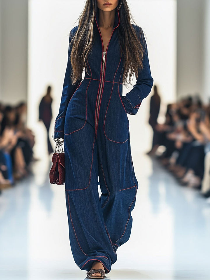 Damen Wide-Leg Langarm-Jumpsuit mit Reißverschluss Kontrastnähten - Dark Blue