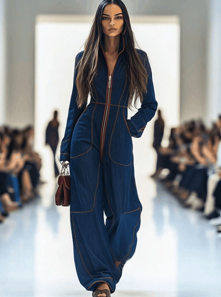 Damen Wide-Leg Langarm-Jumpsuit mit Reißverschluss Kontrastnähten