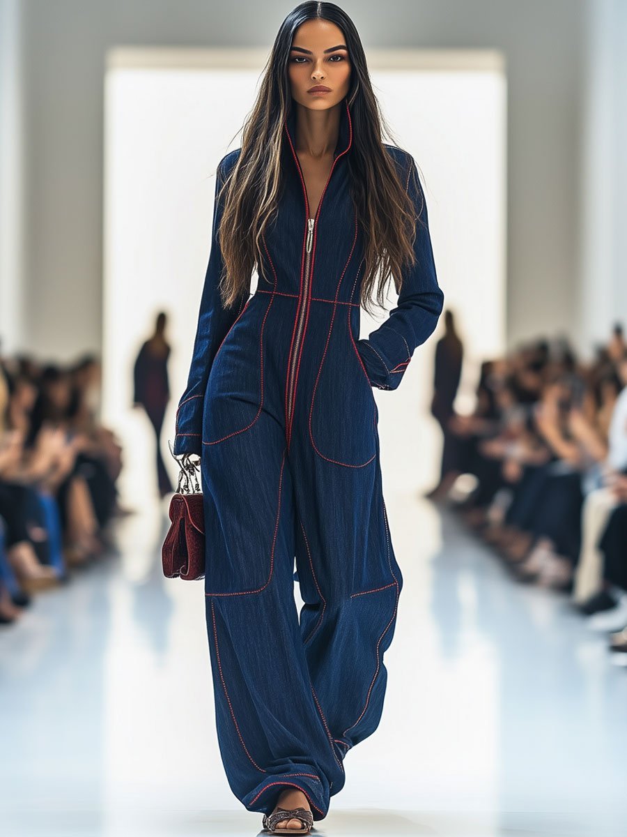 Damen Wide-Leg Langarm-Jumpsuit mit Reißverschluss Kontrastnähten
