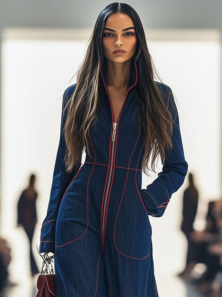 Damen Wide-Leg Langarm-Jumpsuit mit Reißverschluss Kontrastnähten