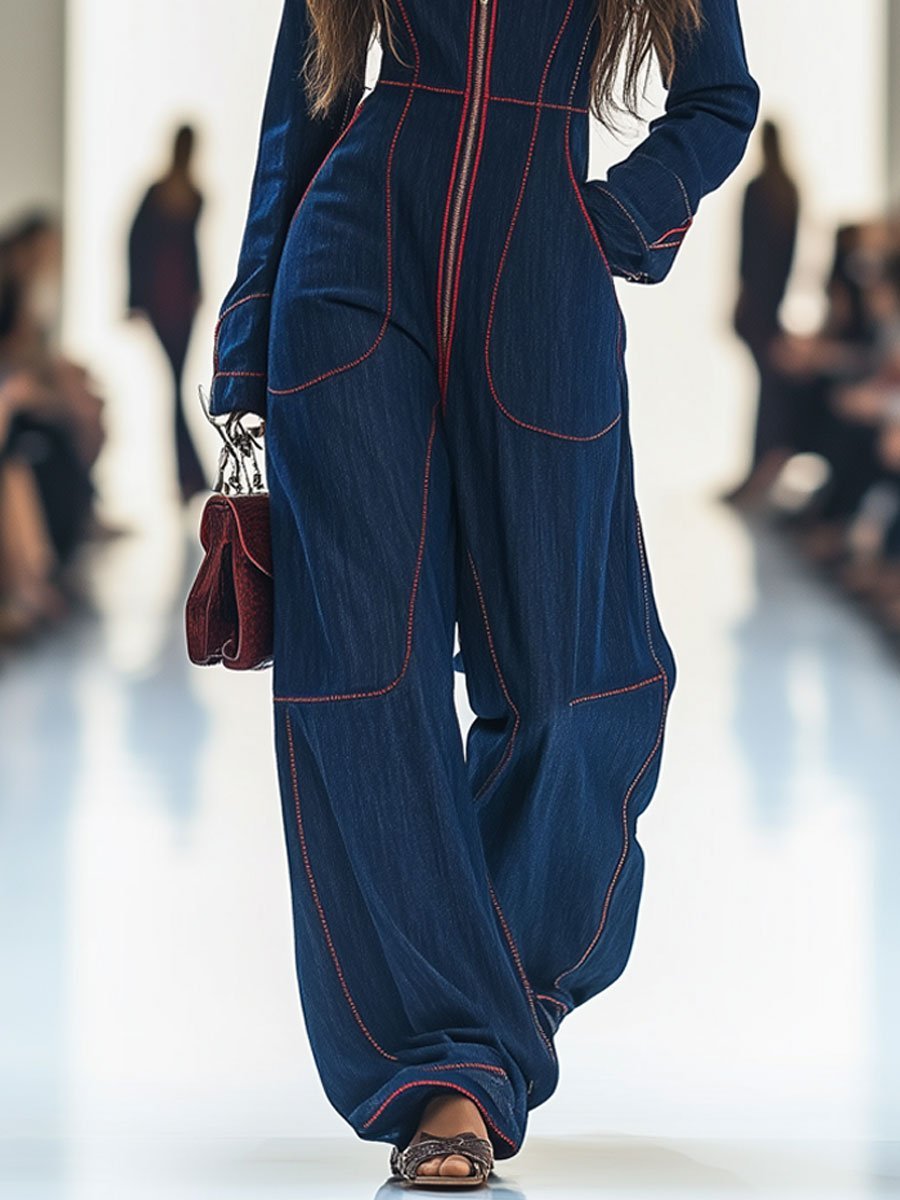 Damen Wide-Leg Langarm-Jumpsuit mit Reißverschluss Kontrastnähten