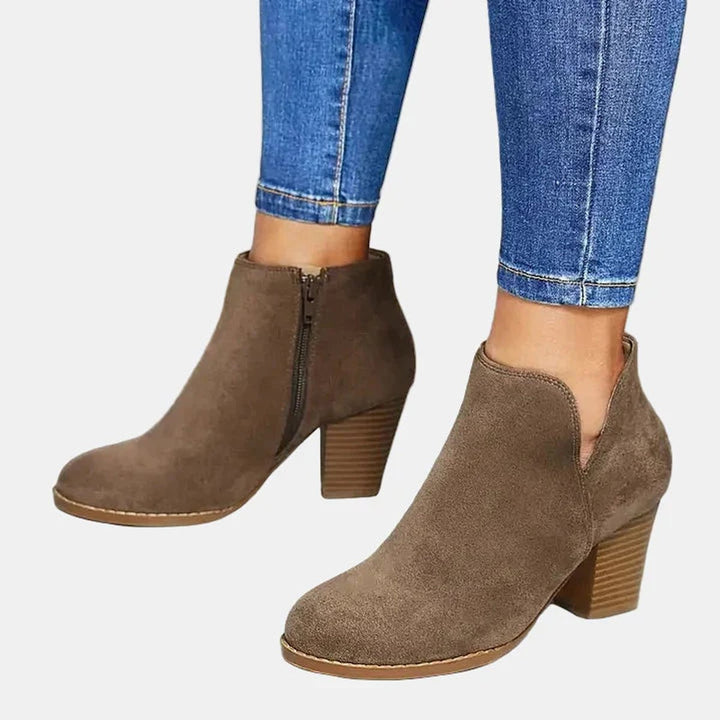 Damen Wildleder Blockabsatz Ankle Boots mit Reißverschluss - Beige