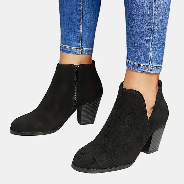 Damen Wildleder Blockabsatz Ankle Boots mit Reißverschluss - Schwarz