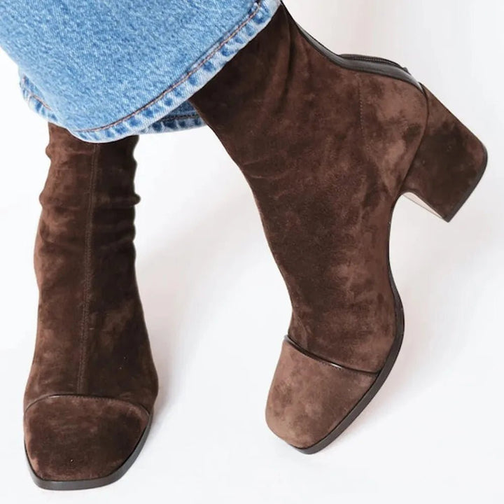 Damen Wildleder Blockabsatz Stiefeletten Quadratische Zehenpartie - Brown