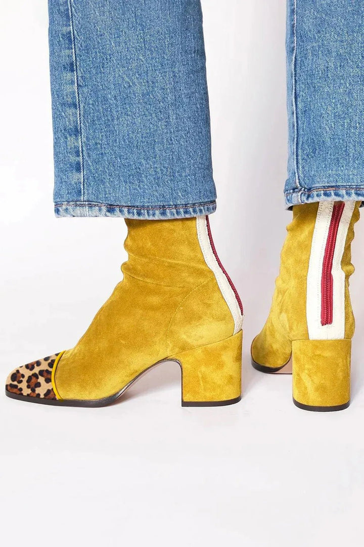 Damen Wildleder Blockabsatz Stiefeletten Quadratische Zehenpartie - Yellow