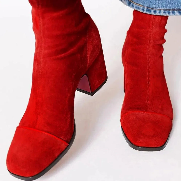 Damen Wildleder Blockabsatz Stiefeletten Quadratische Zehenpartie - Red