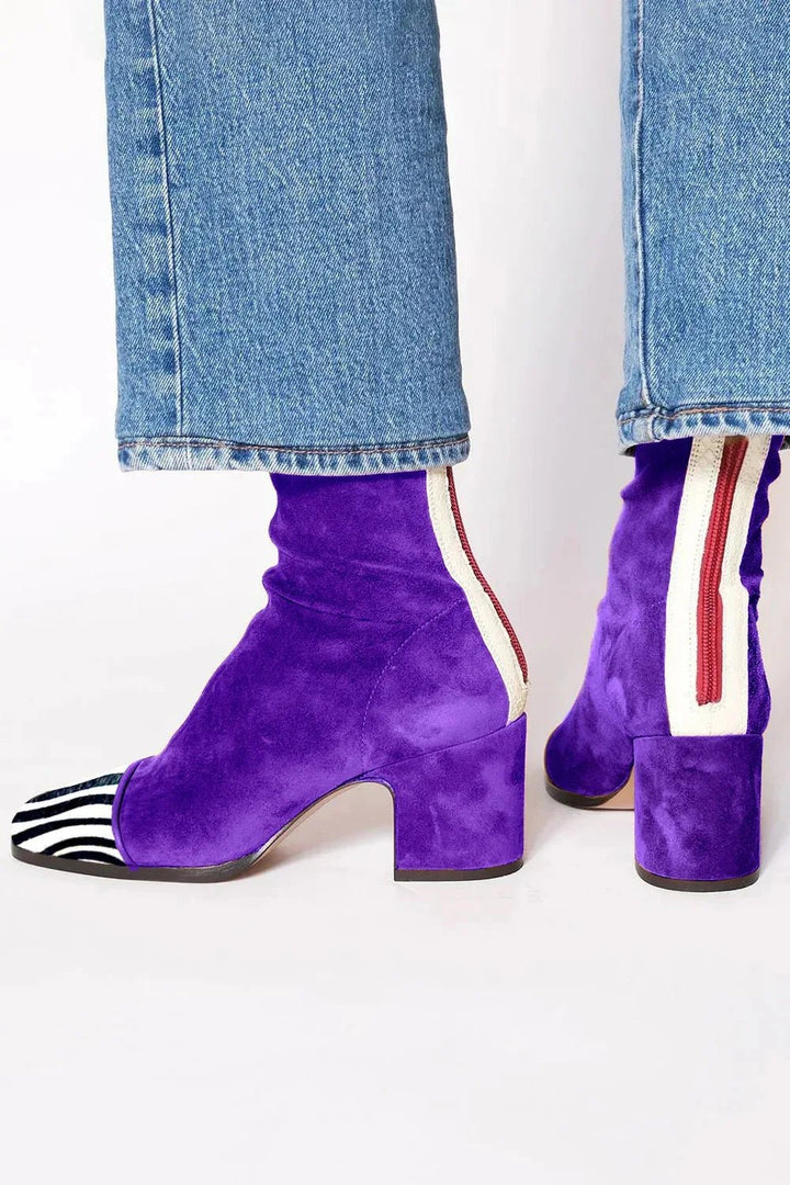Damen Wildleder Blockabsatz Stiefeletten Quadratische Zehenpartie - Purple