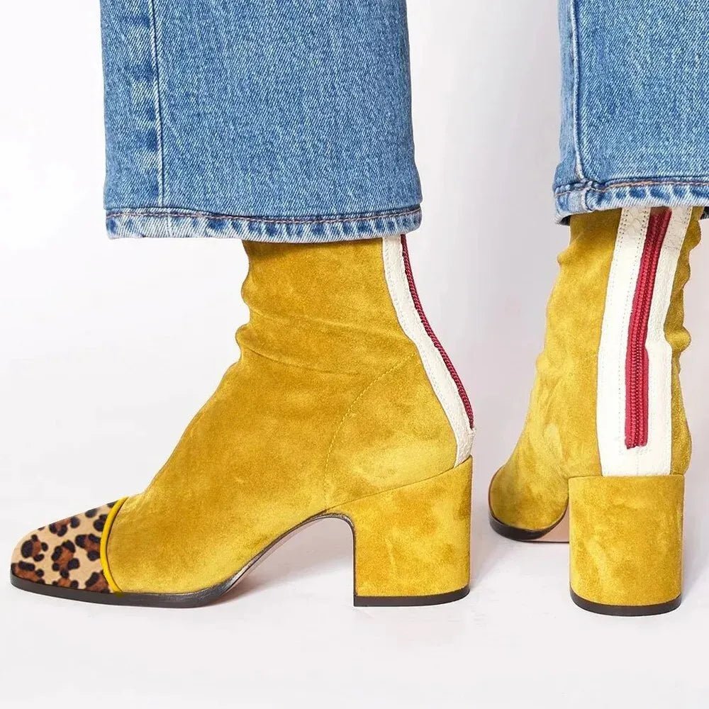Damen Wildleder Blockabsatz Stiefeletten Quadratische Zehenpartie