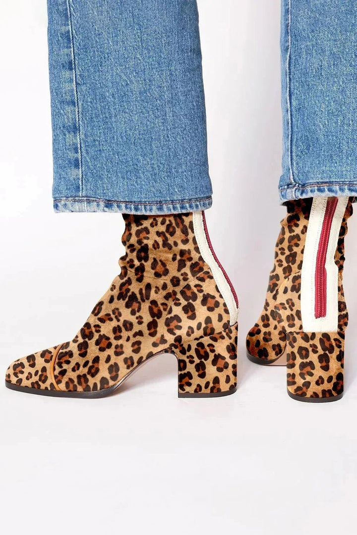 Damen Wildleder Blockabsatz Stiefeletten Quadratische Zehenpartie - Leopard-print