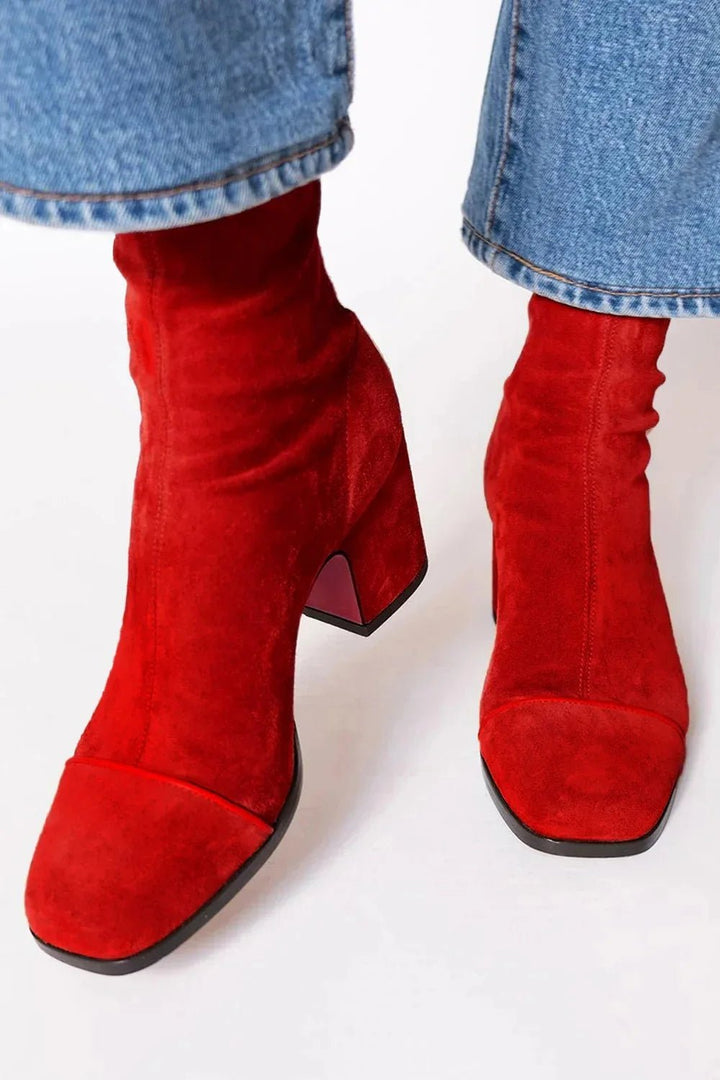 Damen Wildleder Blockabsatz Stiefeletten Quadratische Zehenpartie