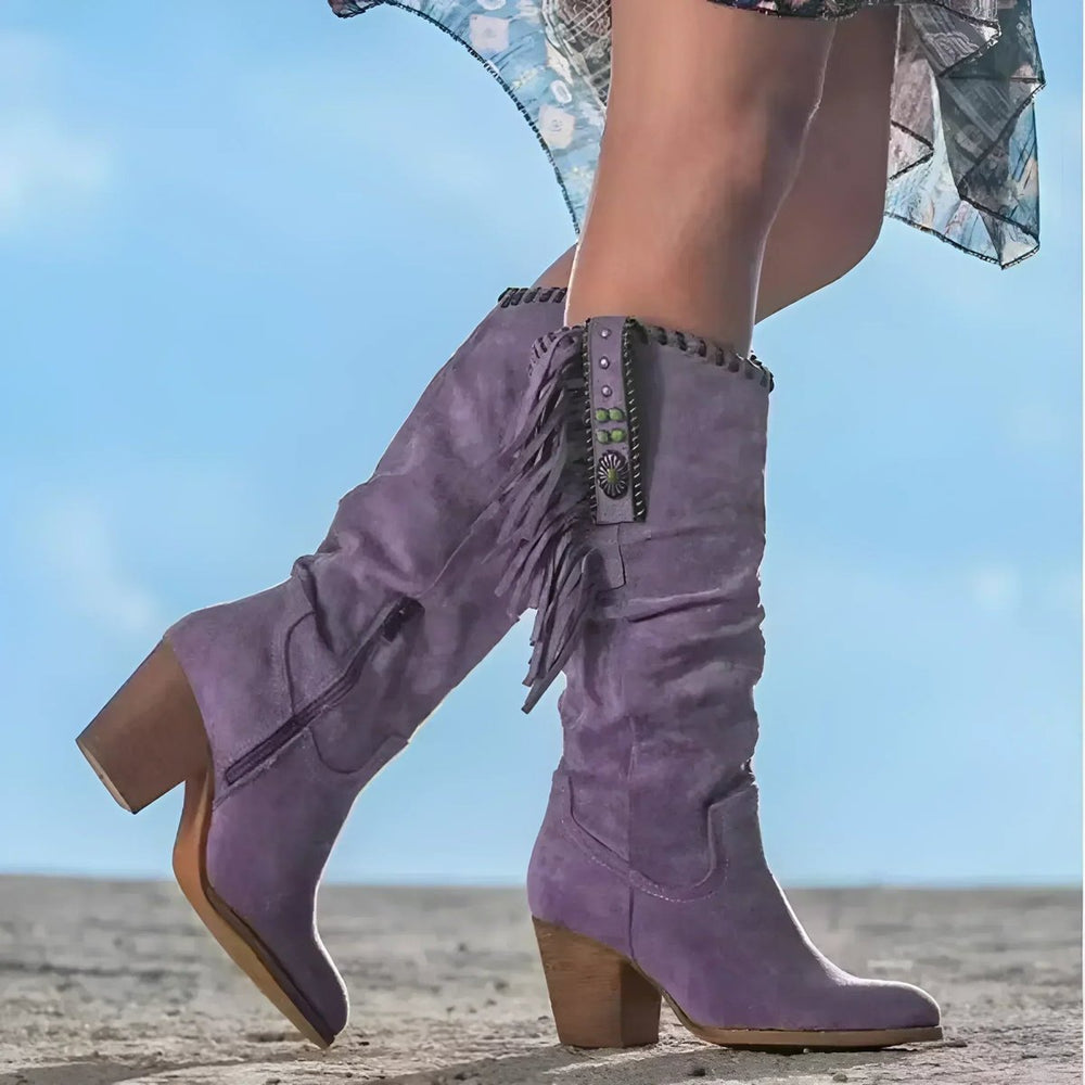 Damen Wildleder Fransen Knee High Boots Western Cowboy Stiefel - Lila