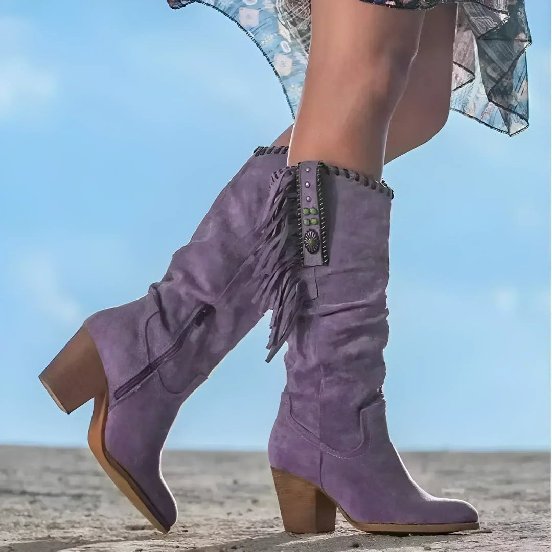 Damen Wildleder Fransen Knee High Boots Western Cowboy Stiefel - Lila