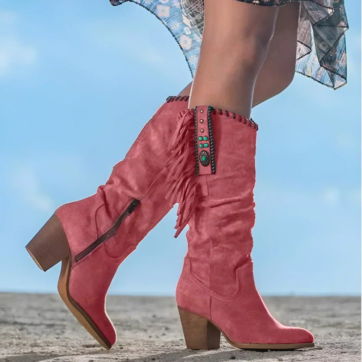Damen Wildleder Fransen Knee High Boots Western Cowboy Stiefel - Rot