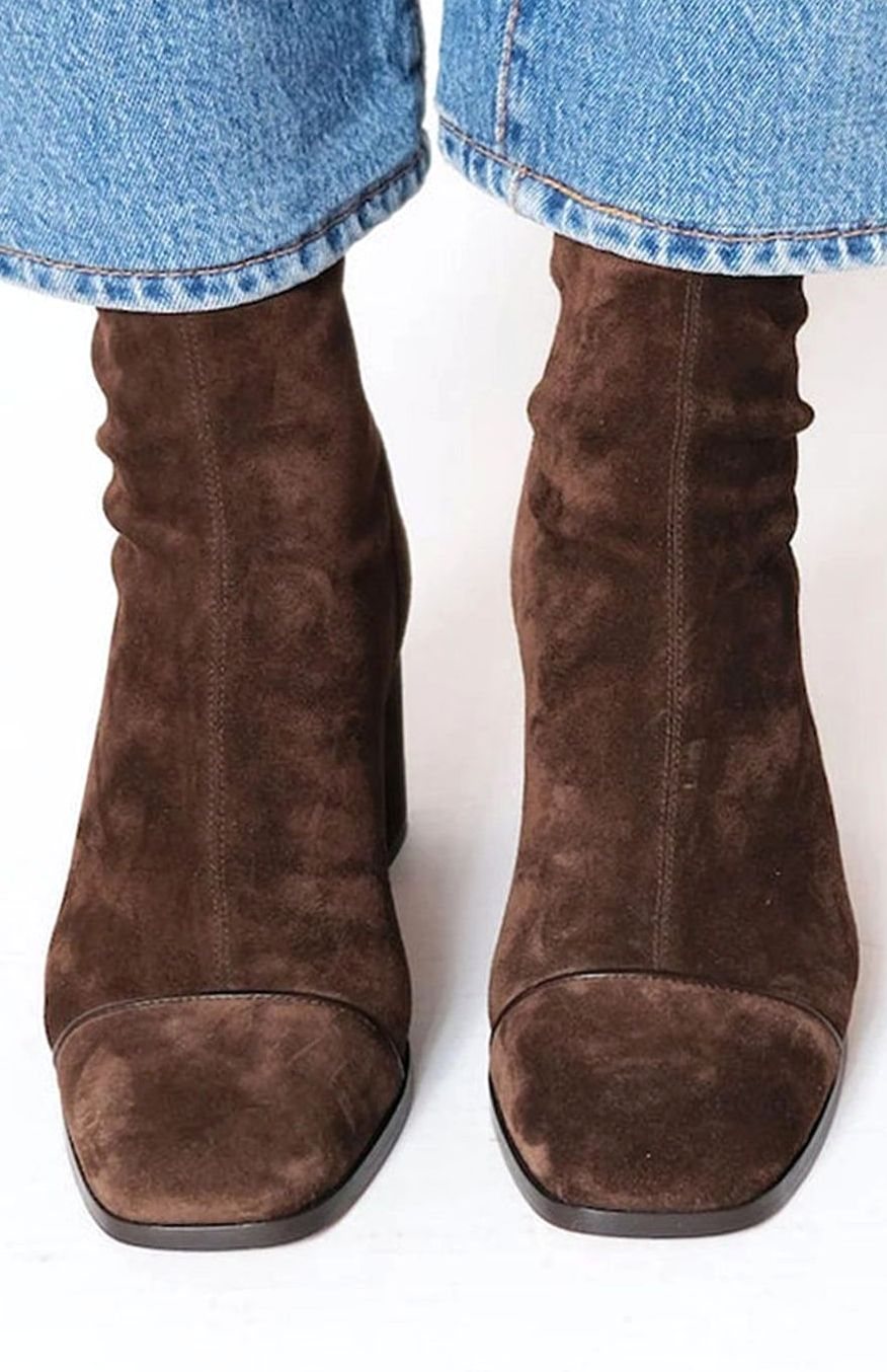 Damen Wildleder-Optik Ankle Boots für den Winter mit Blockabsatz - Dunkelbraun