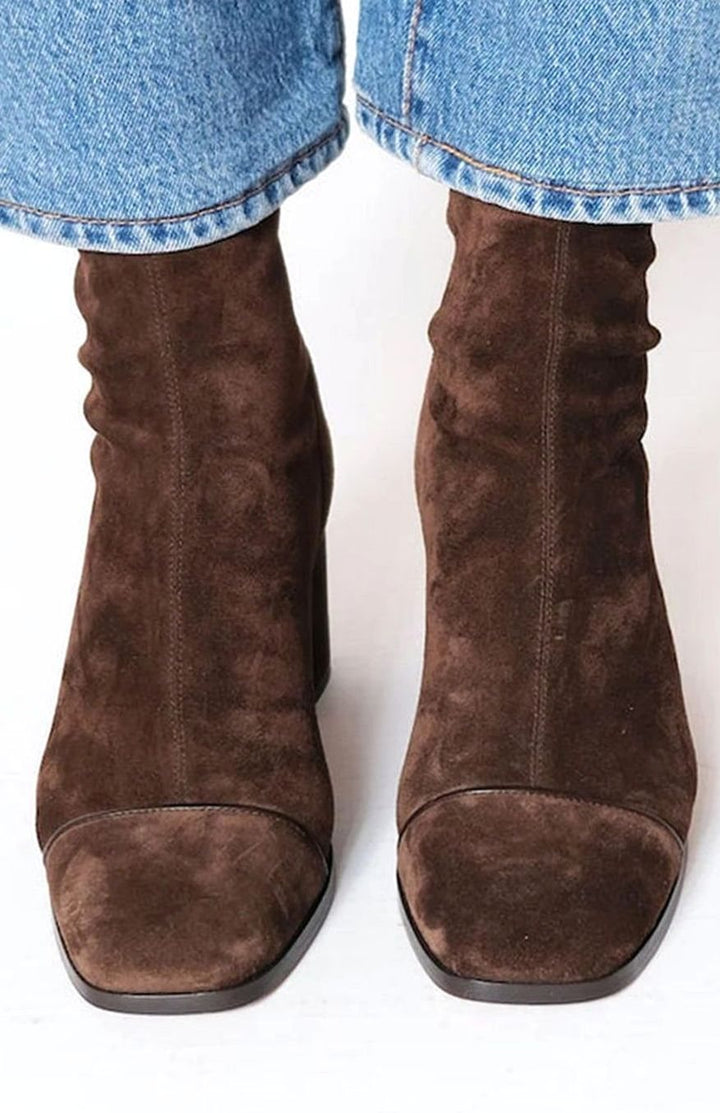 Damen Wildleder-Optik Ankle Boots für den Winter mit Blockabsatz - Dunkelbraun