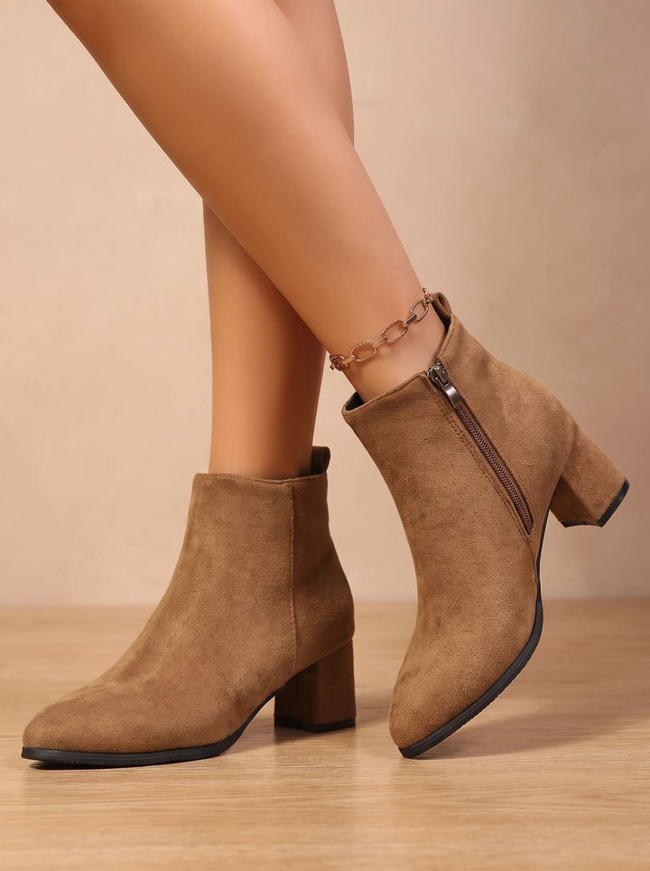 Damen Wildleder-Stiefeletten mit Blockabsatz und Seitlichem Reißverschluss - Braun