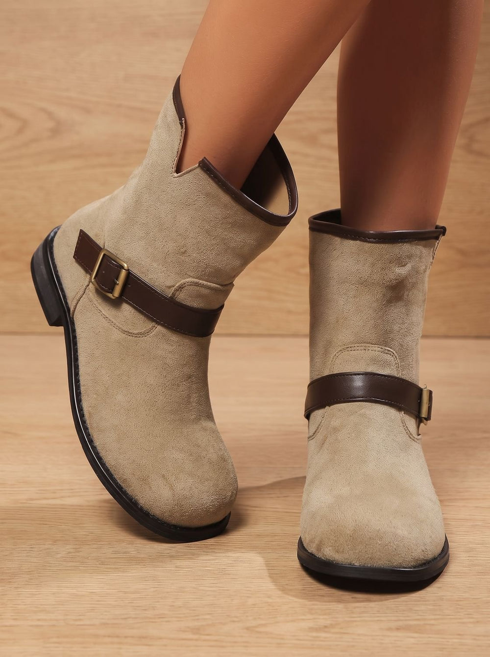 Damen Wildleder-Stiefeletten Slip-On mit Schnallenriemen Blockabsatz