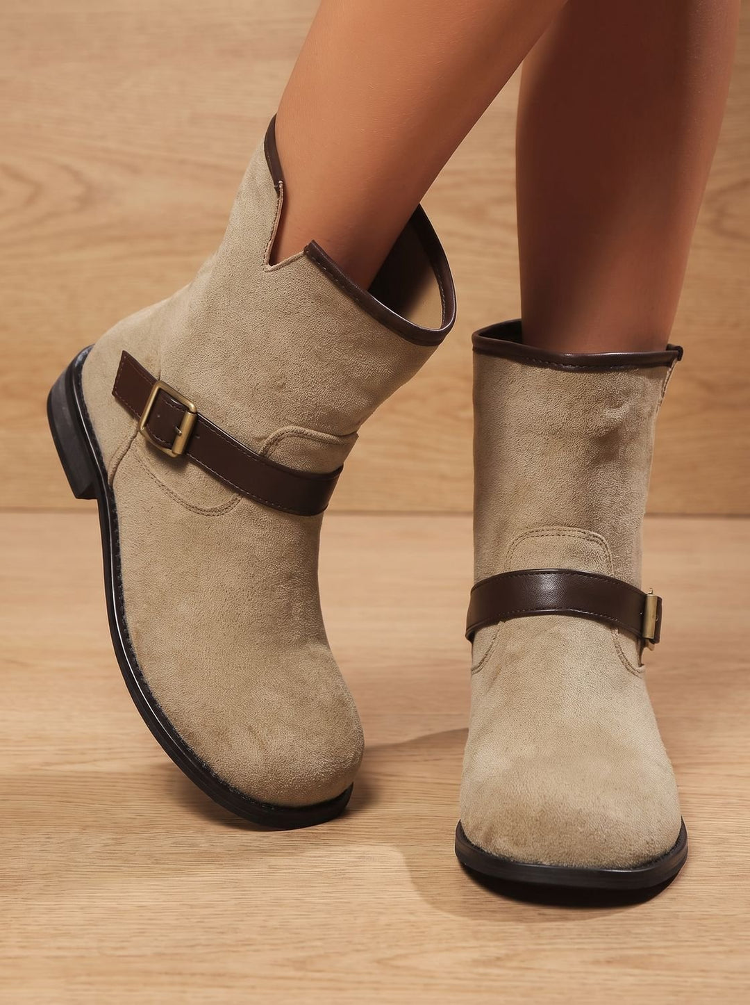 Damen Wildleder-Stiefeletten Slip-On mit Schnallenriemen Blockabsatz
