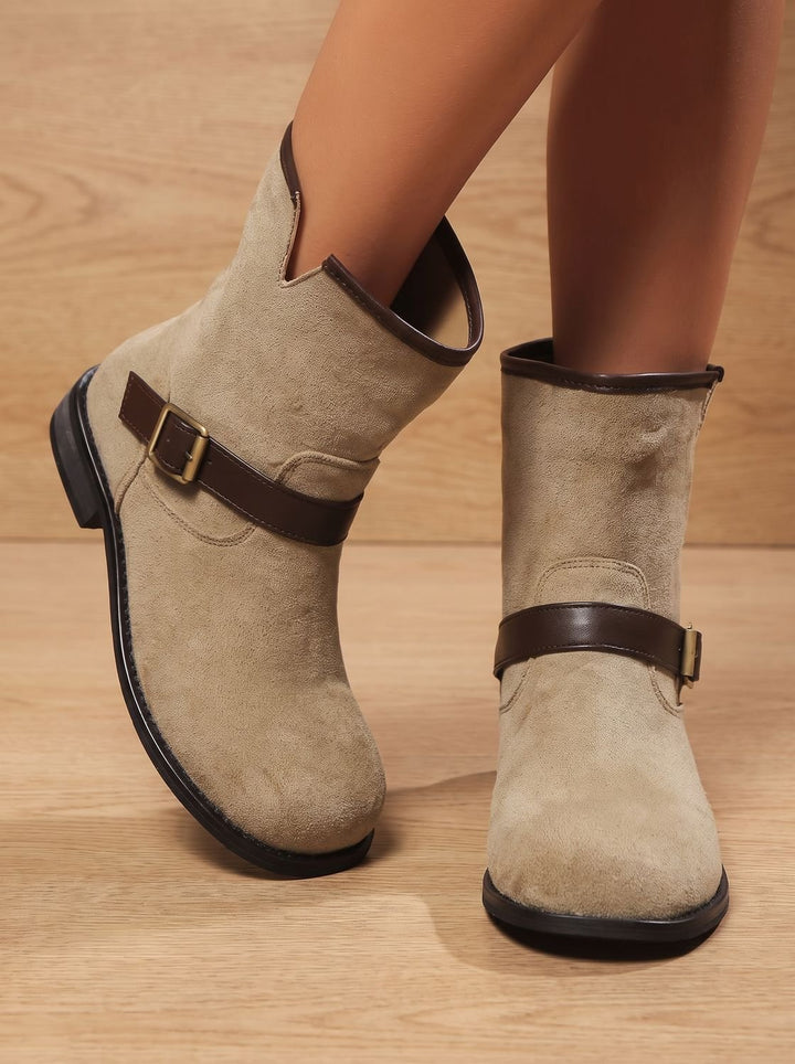 Damen Wildleder-Stiefeletten Slip-On mit Schnallenriemen Blockabsatz