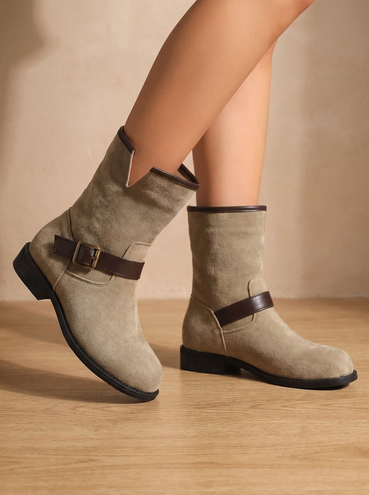 Damen Wildleder-Stiefeletten Slip-On mit Schnallenriemen Blockabsatz