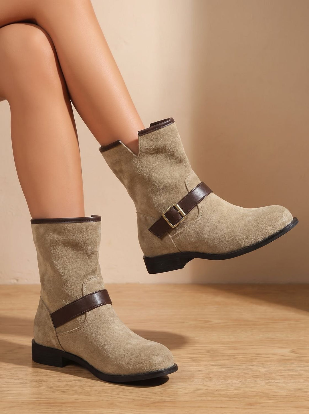 Damen Wildleder-Stiefeletten Slip-On mit Schnallenriemen Blockabsatz - Ecru