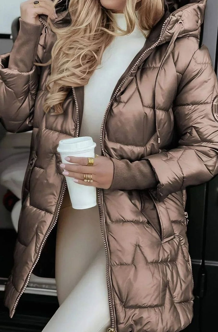 Damen Winterjacke Gesteppte Kapuzenjacke Glänzend Warm - Kaffeebraun