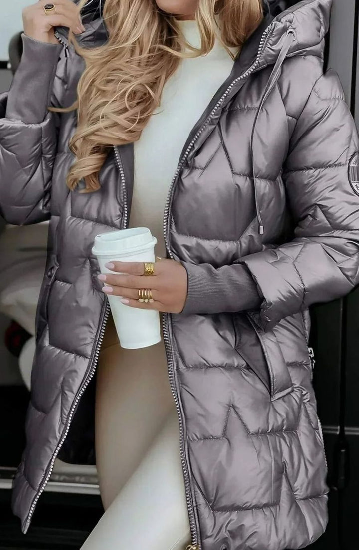 Damen Winterjacke Gesteppte Kapuzenjacke Glänzend Warm - Grau