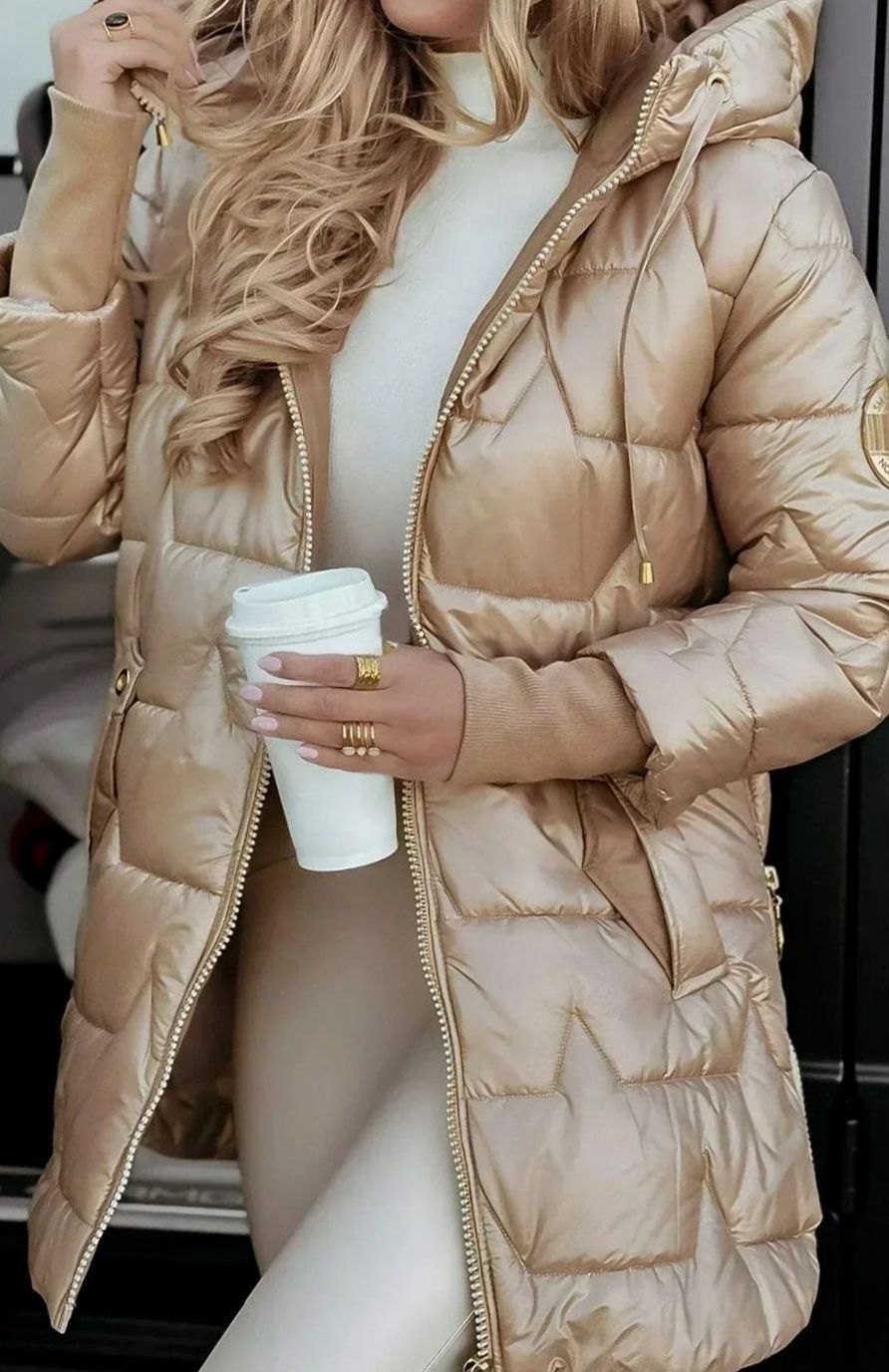 Damen Winterjacke Gesteppte Kapuzenjacke Glänzend Warm - Beige
