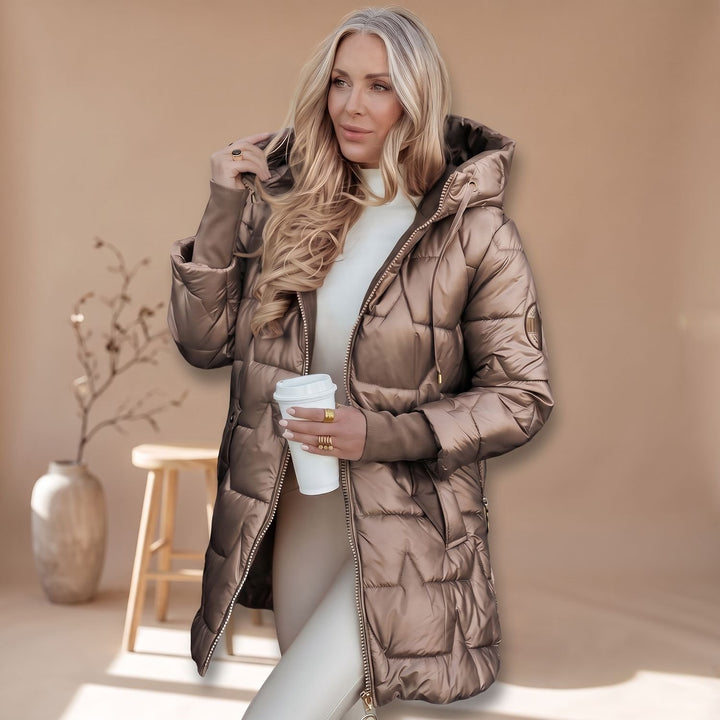 Damen Winterjacke Gesteppte Kapuzenjacke Glänzend Warm, Bronze - Kaffeebraun